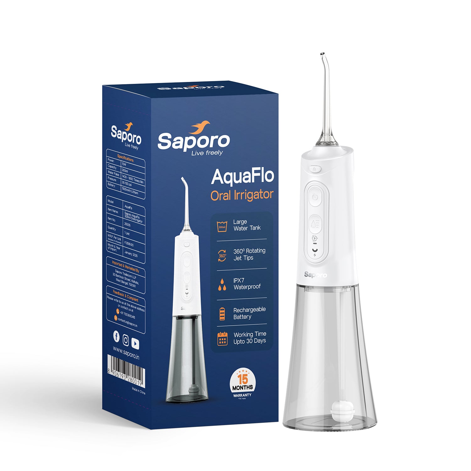Saporo AquaFlo Rechargeable Oral Flosser With 2 Nozzles