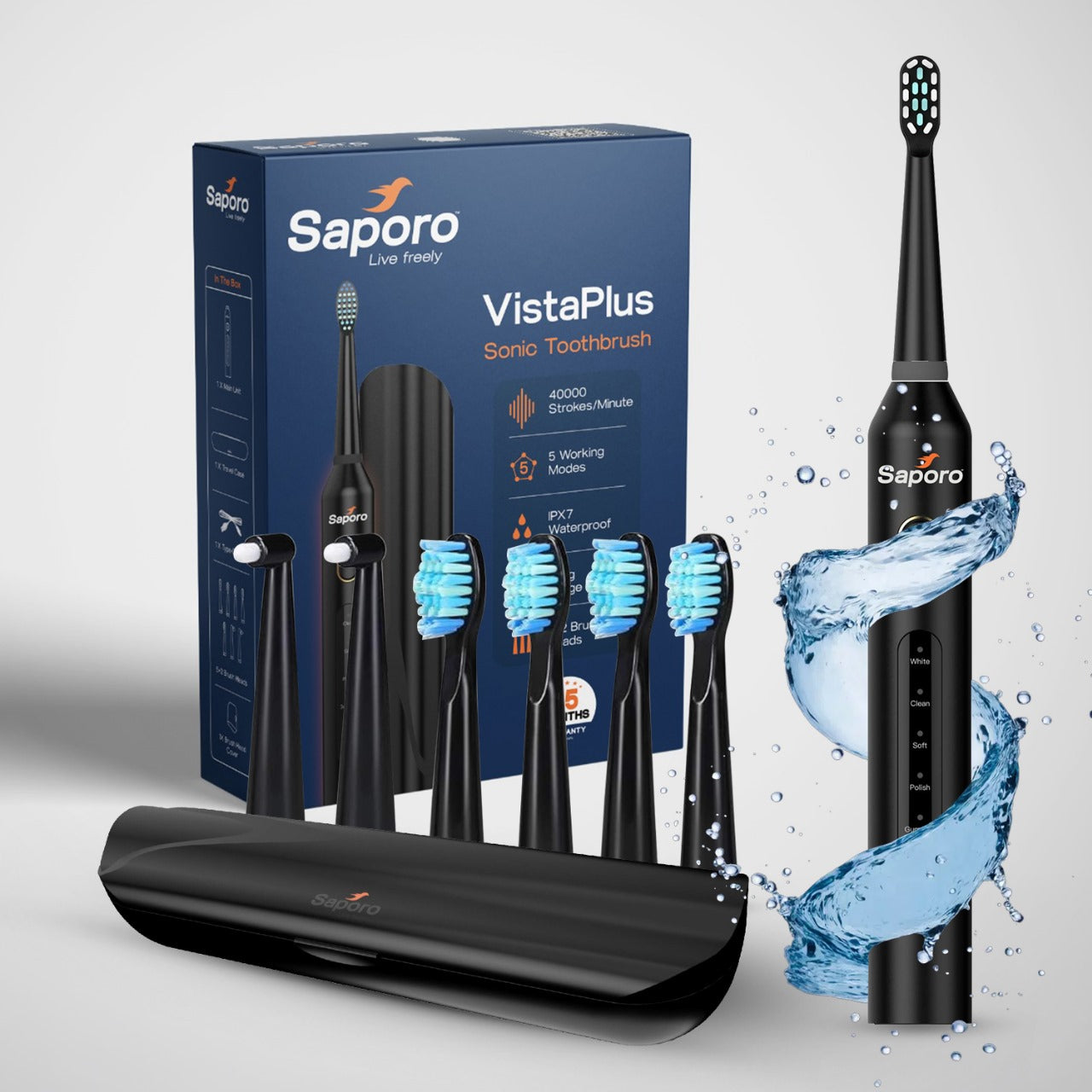 VistaPlus Sonic Rechargable Toothbrush with 5 Brush Heads, 2 Interdental Heads, Travel Case - 5 Operational Modes