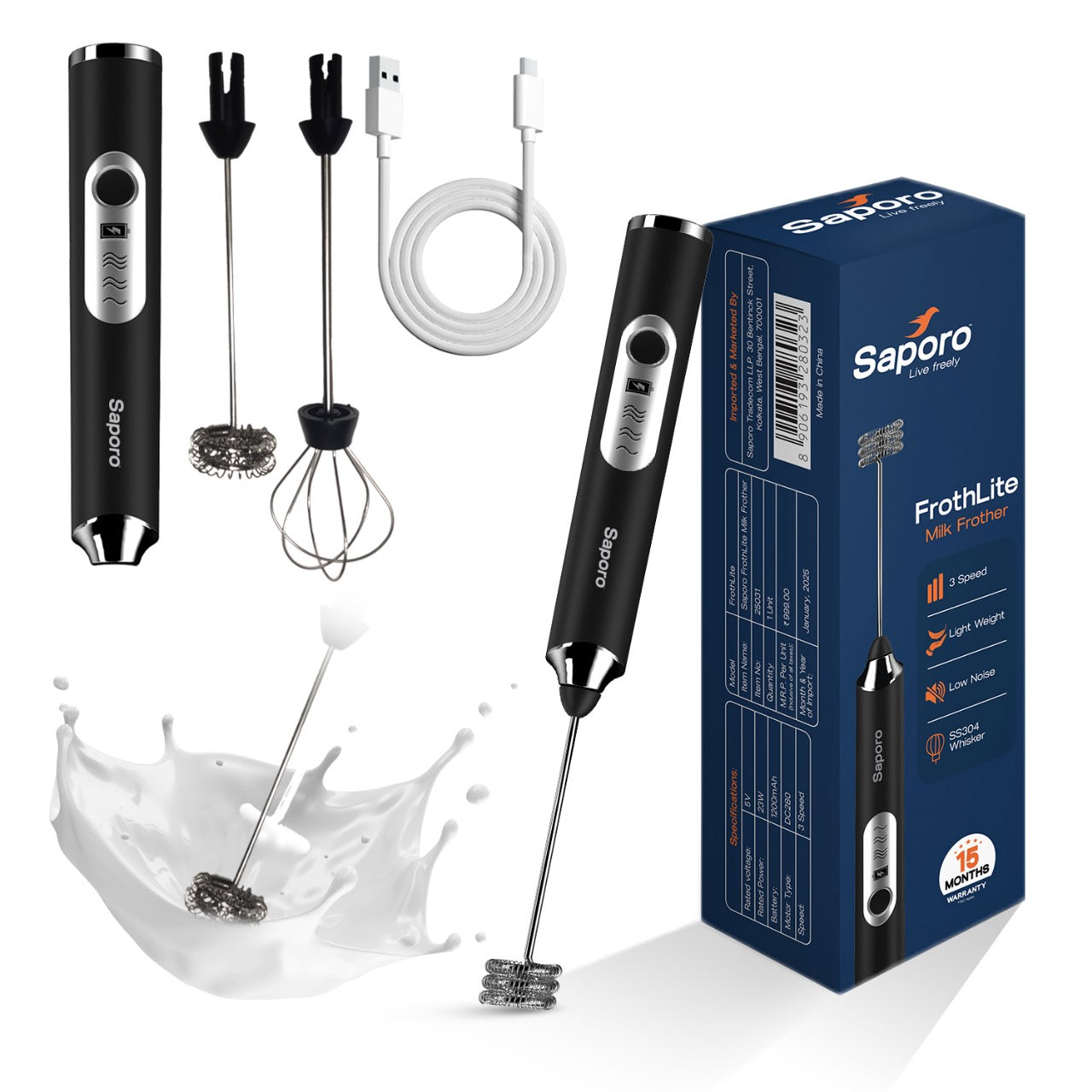 FrothLite Electric Milk Frother, Rechargeable & 3 Speed Settings