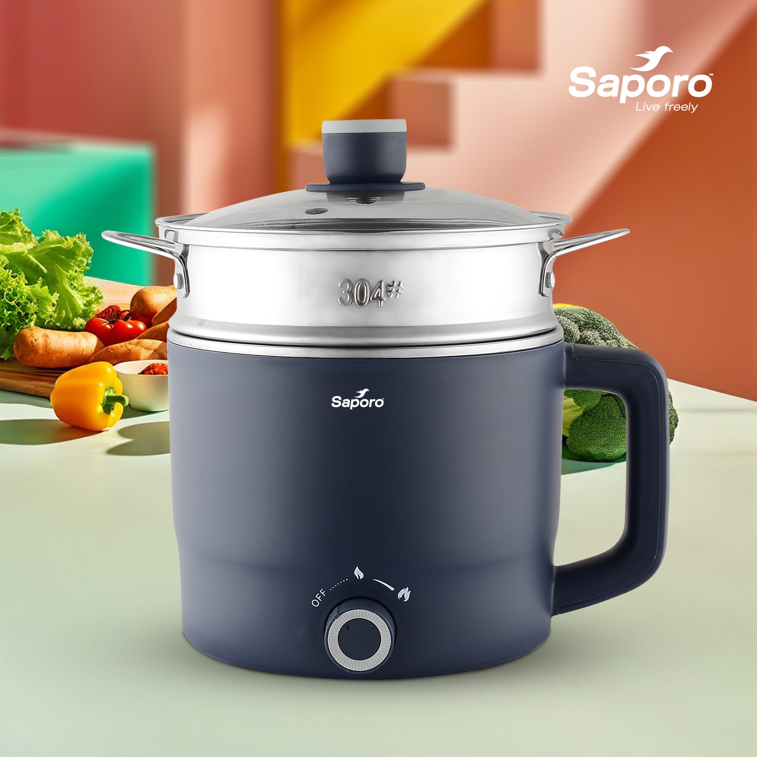 Saporo Flexicook 1.2L Electric Multicook Kettle with Steamer - Navy Blue