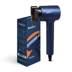A blue Saporo IonDry hair dryer with attachments and a product box, indicating 1600W power and 3 temperature settings for hair drying.

