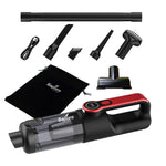 Cordless rechargeable Saporo Neo portable vacuum cleaner presented with its different nozzles and accessories, including a flat brush, hairbrush, floor brush, extension tube, and a LED digital display. The vacuum cleaner is black and red with a transparent dust container.