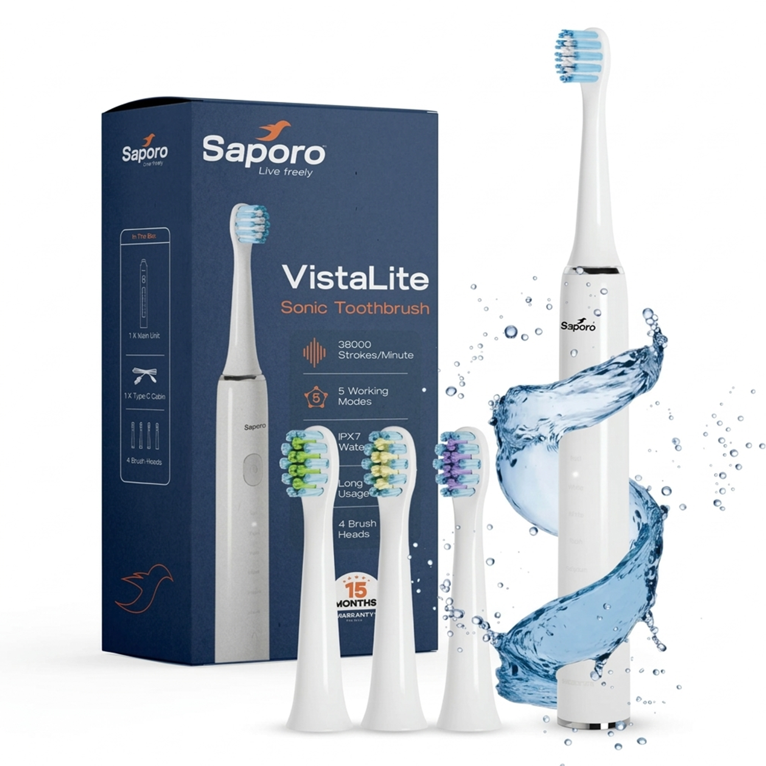 VistaLite Sonic Rechargable Toothbrush for Adults with 4 Brush Heads - 5 Operational Modes
