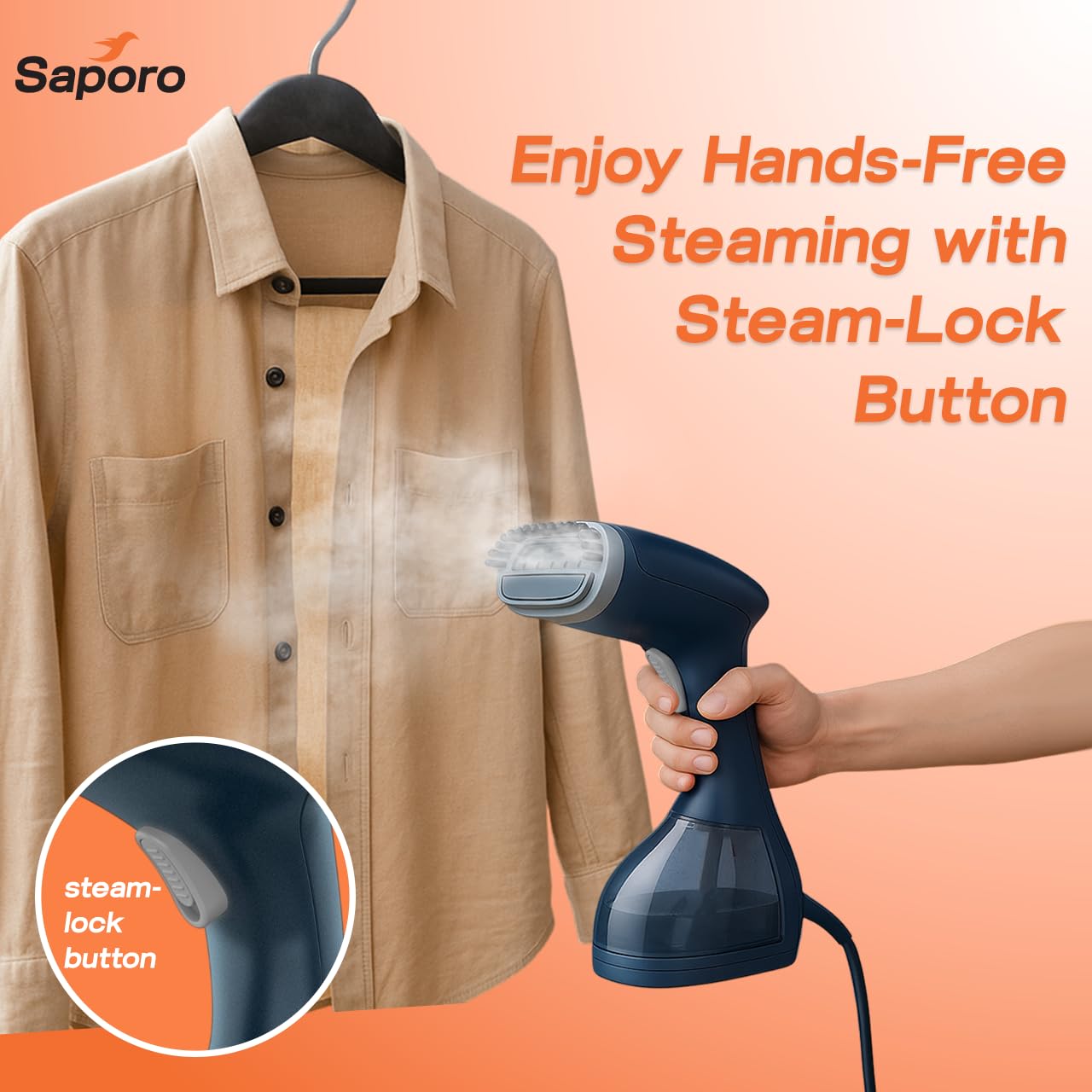Saporo GlidePro Clothes Steamer Handheld, 1200W Garment Steamer for Clothes with 320ml Tank, 30s Fast Heat Up Wrinkle Remover, Stainless Steel Plate, Vertical Ironing, Steam Lock, Overheat Protection, Detachable Fabric Brush