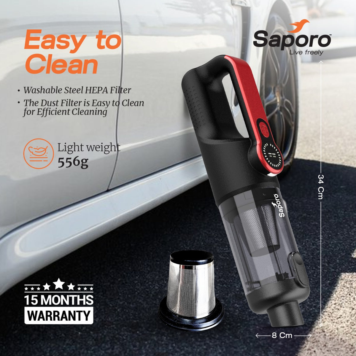 Neo Car vacuum cleaner with Saporo branding and product features highlighted on a car background - Weight 556 gms, Washable Steel HEPA Filter and 15 months Warranty