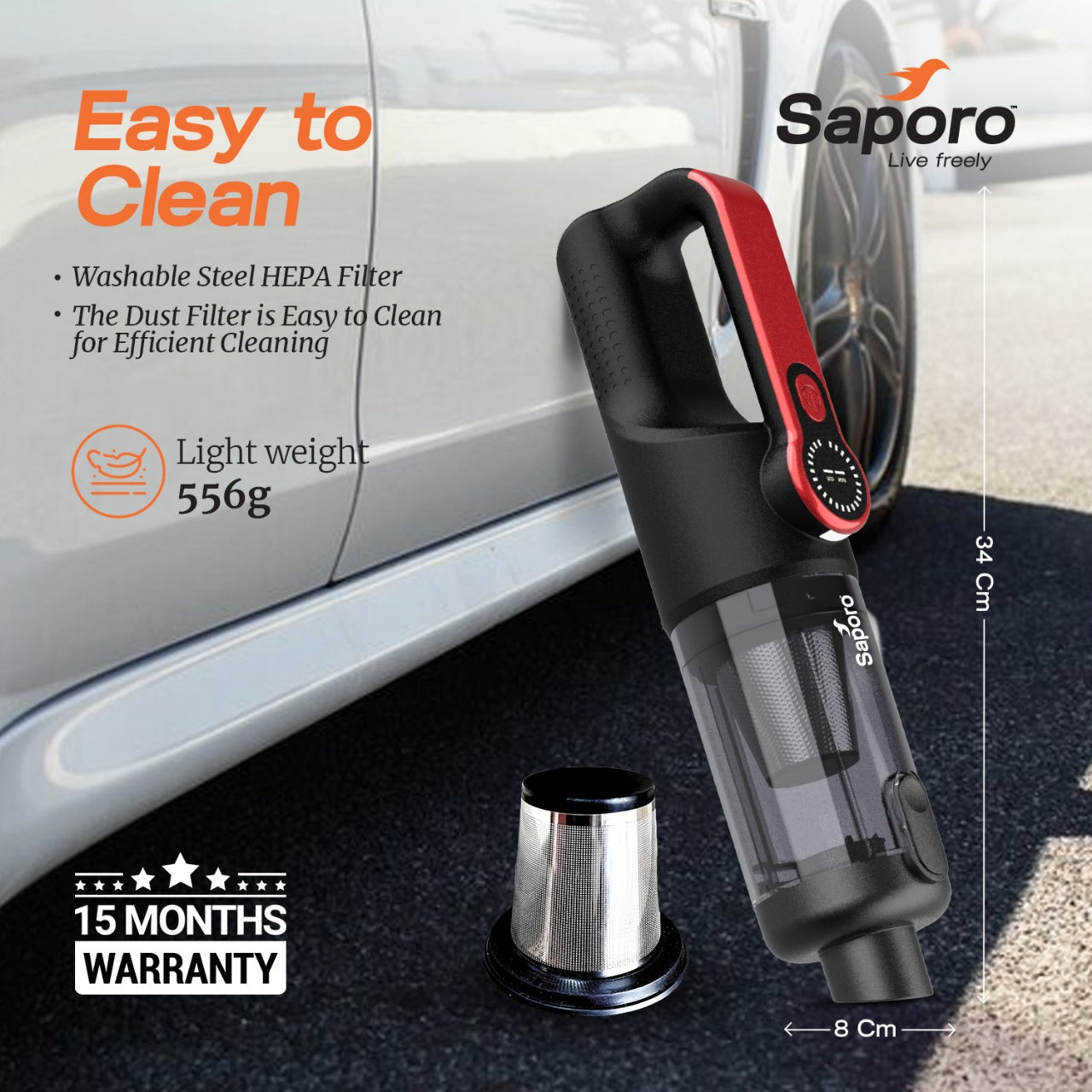 Neo Car vacuum cleaner with Saporo branding and product features highlighted on a car background - Weight 556 gms, Washable Steel HEPA Filter and 15 months Warranty