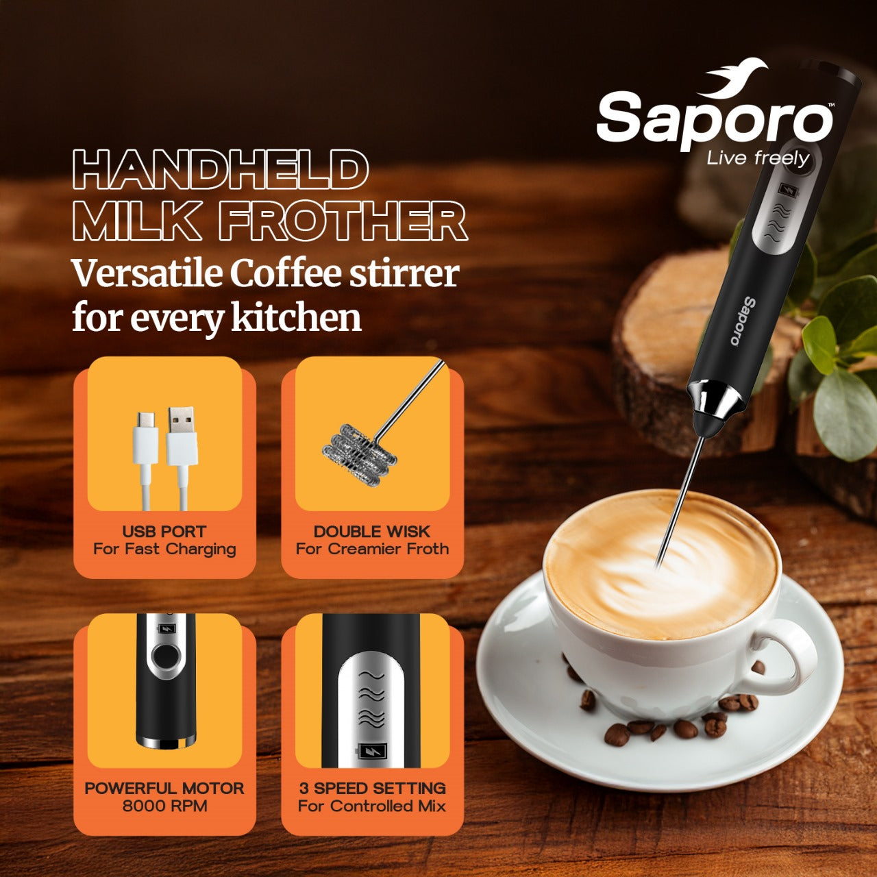 FrothLite Electric Milk Frother, Rechargeable & 3 Speed Settings