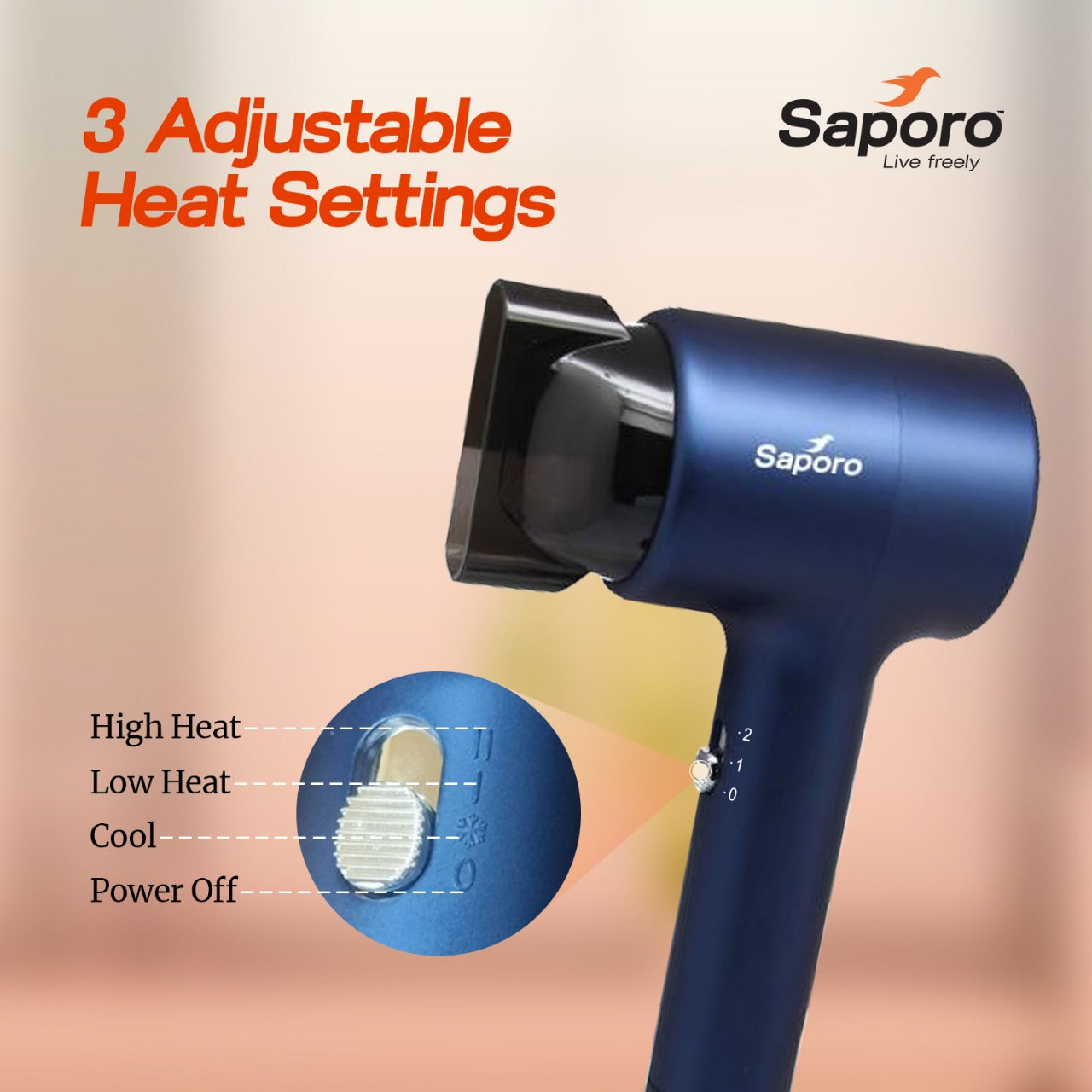 Blue hair dryer with Saporo branding and adjustable heat settings on a beige background - Low heat, High Heat, Cool and Power Off slider button on the product

