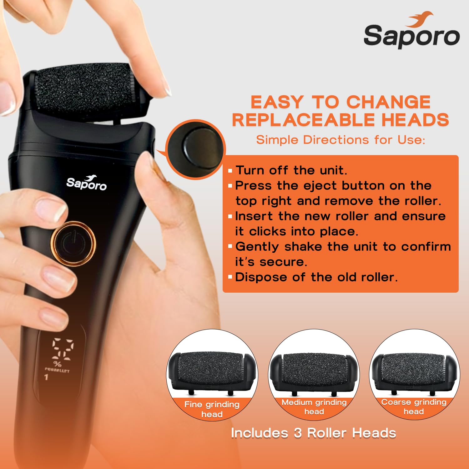 Saporo Callus Remover Replacement Heads (3 Pcs), Washable Roller Refills with Regular, Medium & Fine Grinding Heads for Hard Skin, Dead Skin Removal & Daily Foot Care