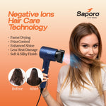 Woman using a blue hair dryer with Saporo branding, featuring negative ions hair care technology, faster trying, Frizz Control, Enchanced Shine, Less Heat Damage and Soft-silky Finish