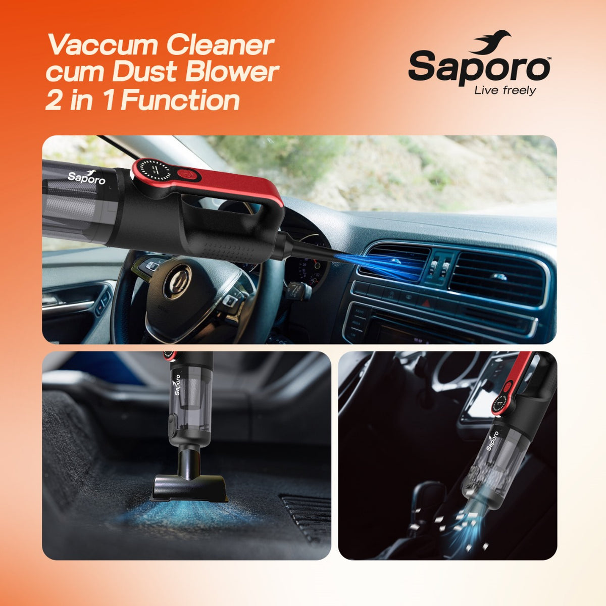 Saporo vacuum cleaner and dust blower with multiple uses shown on an orange and beige gradient background.
