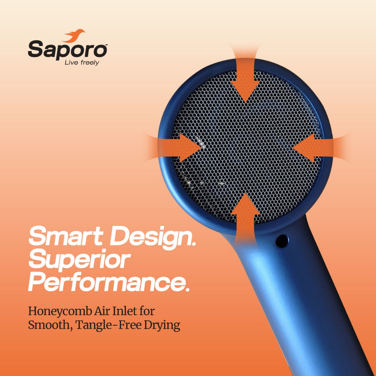 Blue hair dryer with honeycomb air inlet design on an orange background, featuring Saporo brand.

