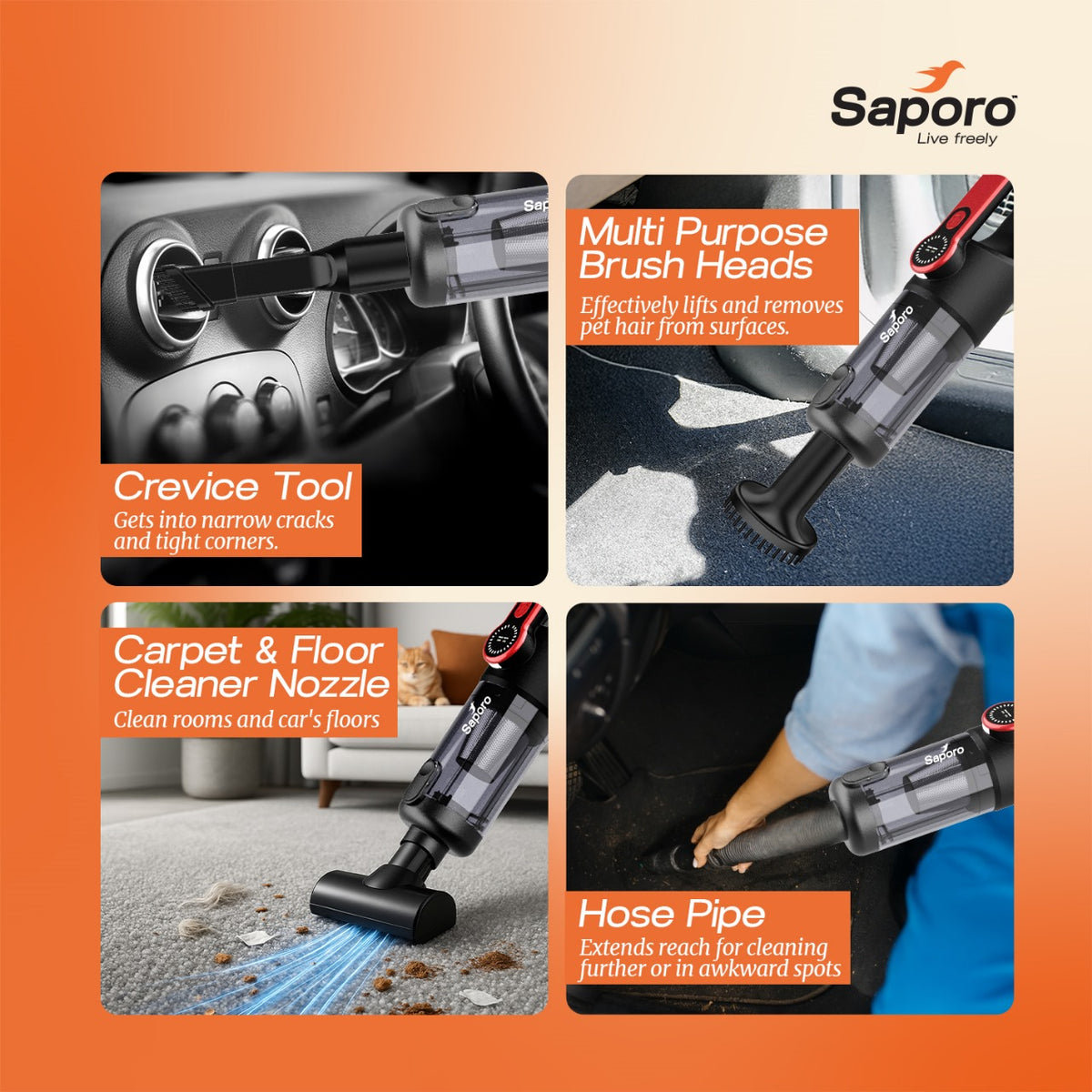 Saporo vacuum cleaner attachments with text on an orange background