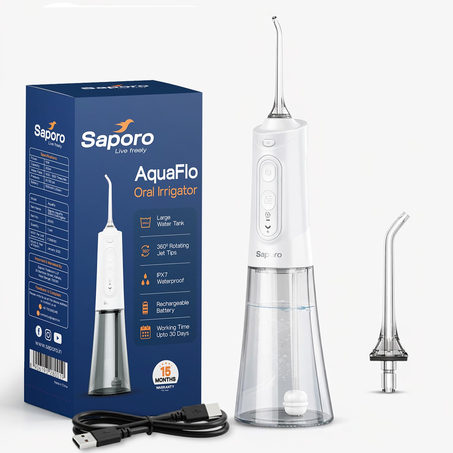 AquaFlo Water Dental Flosser - 300ml Large Detachable Tank