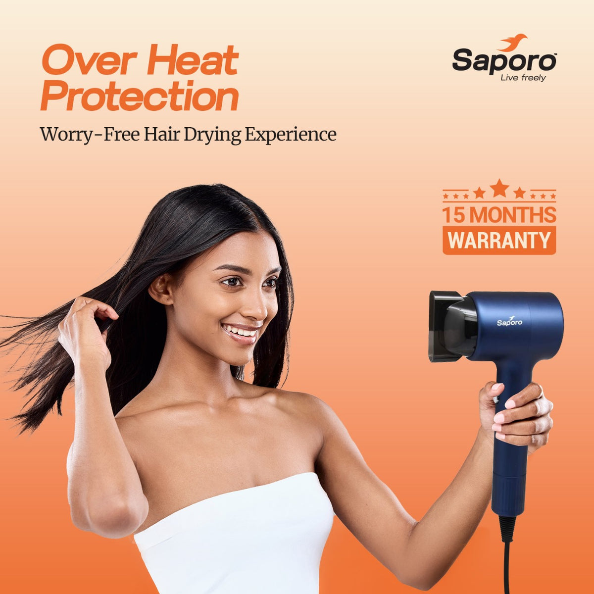 Woman using a Saporo hair dryer with text about over heat protection and warranty on an orange background - 15 month warranty