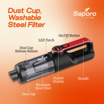 Saporo handheld device with labeled parts on an orange background - Labels include Dust Cap Release button, LED Torch, On/Off Button, Dust Cap, Washable Steel Filter, Digital Display, Handle