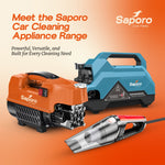 Saporo car cleaning appliances on an orange background with the brand name displayed.

