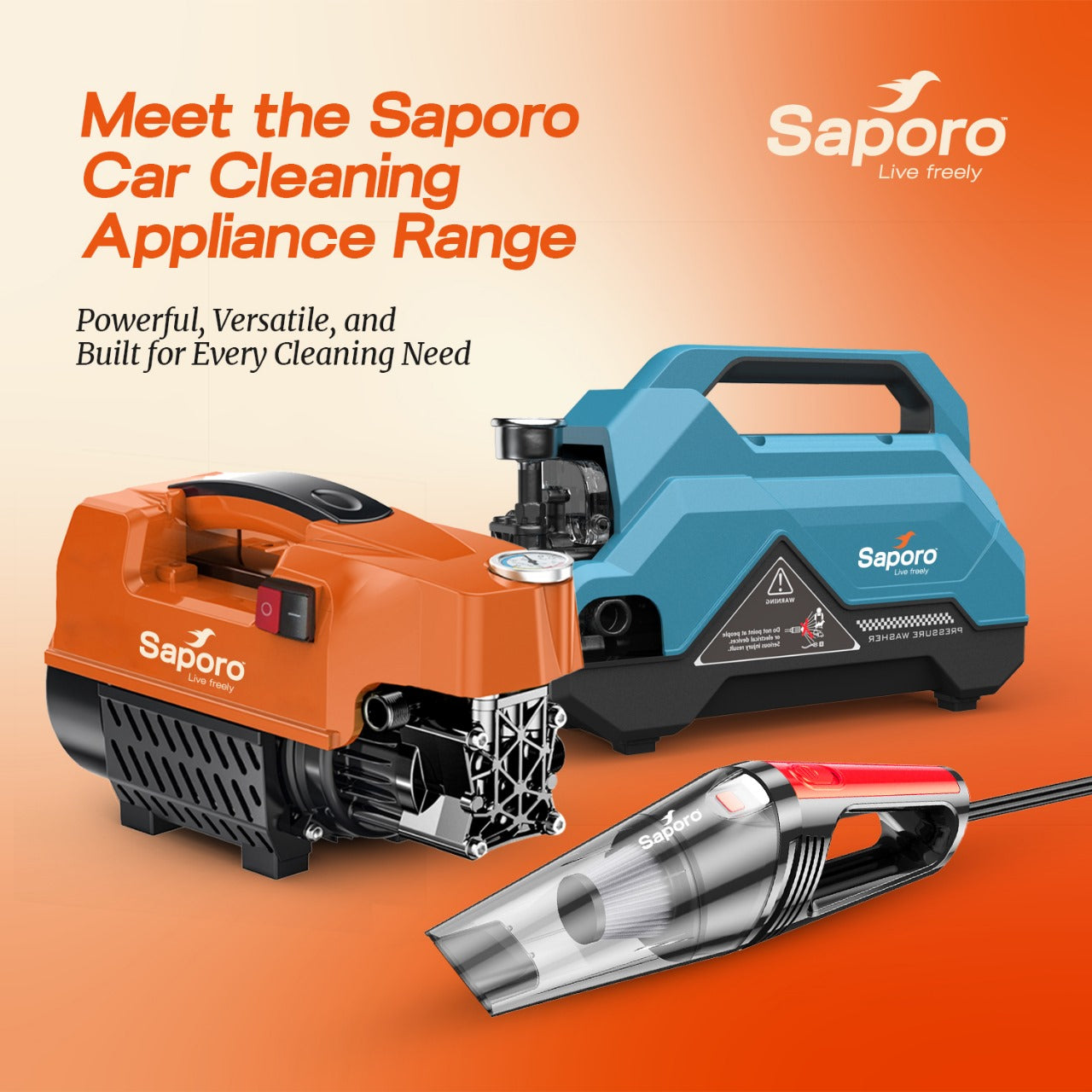 Saporo car cleaning appliances on an orange background with the brand name displayed.

